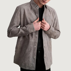 Zetean Grey Leather Shirt Jacket