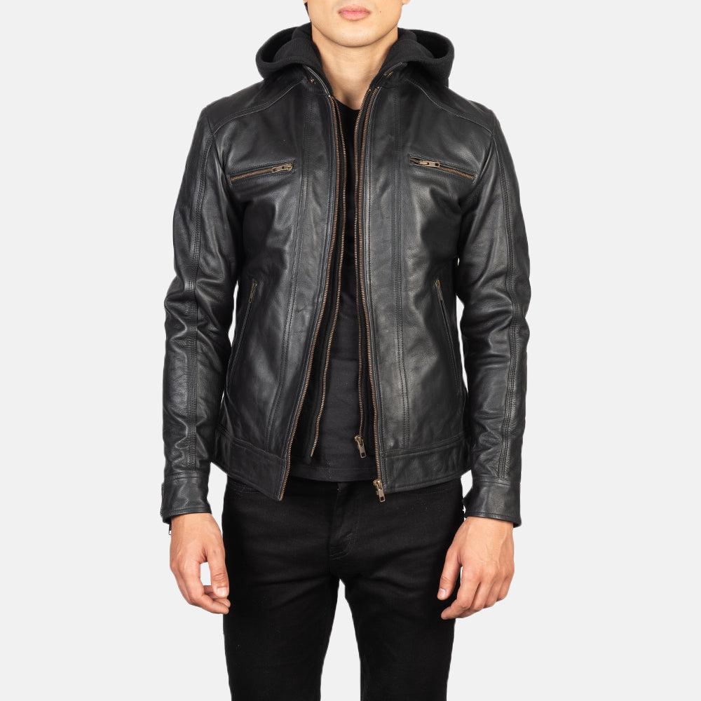 Lusar Black Leather Hooded Biker Jacket