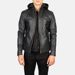 Lusar Black Leather Hooded Biker Jacket