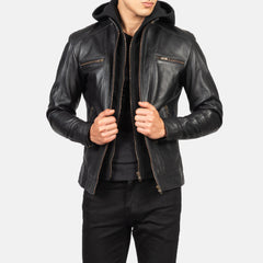 Lusar Black Leather Hooded Biker Jacket