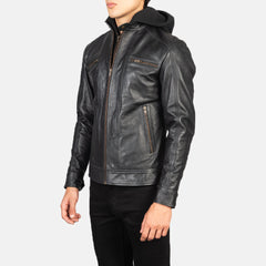Lusar Black Leather Hooded Biker Jacket