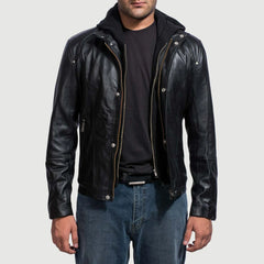 Panen Black Leather Hooded Jacket