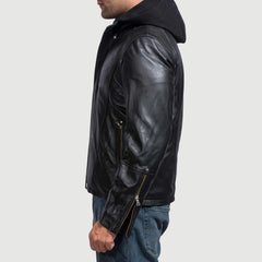 Panen Black Leather Hooded Jacket
