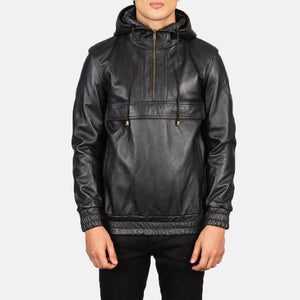 Sivar Black Leather Hooded Pullover Jacket