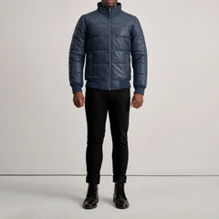 Lerus Blue Leather Bomber Jacket