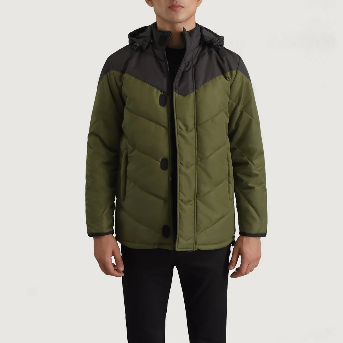 Yator Black Green Leather Hooded Jacket