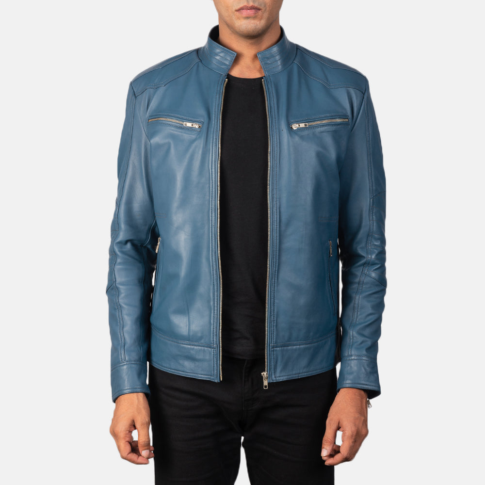 Nogos Blue Leather Biker Jacket