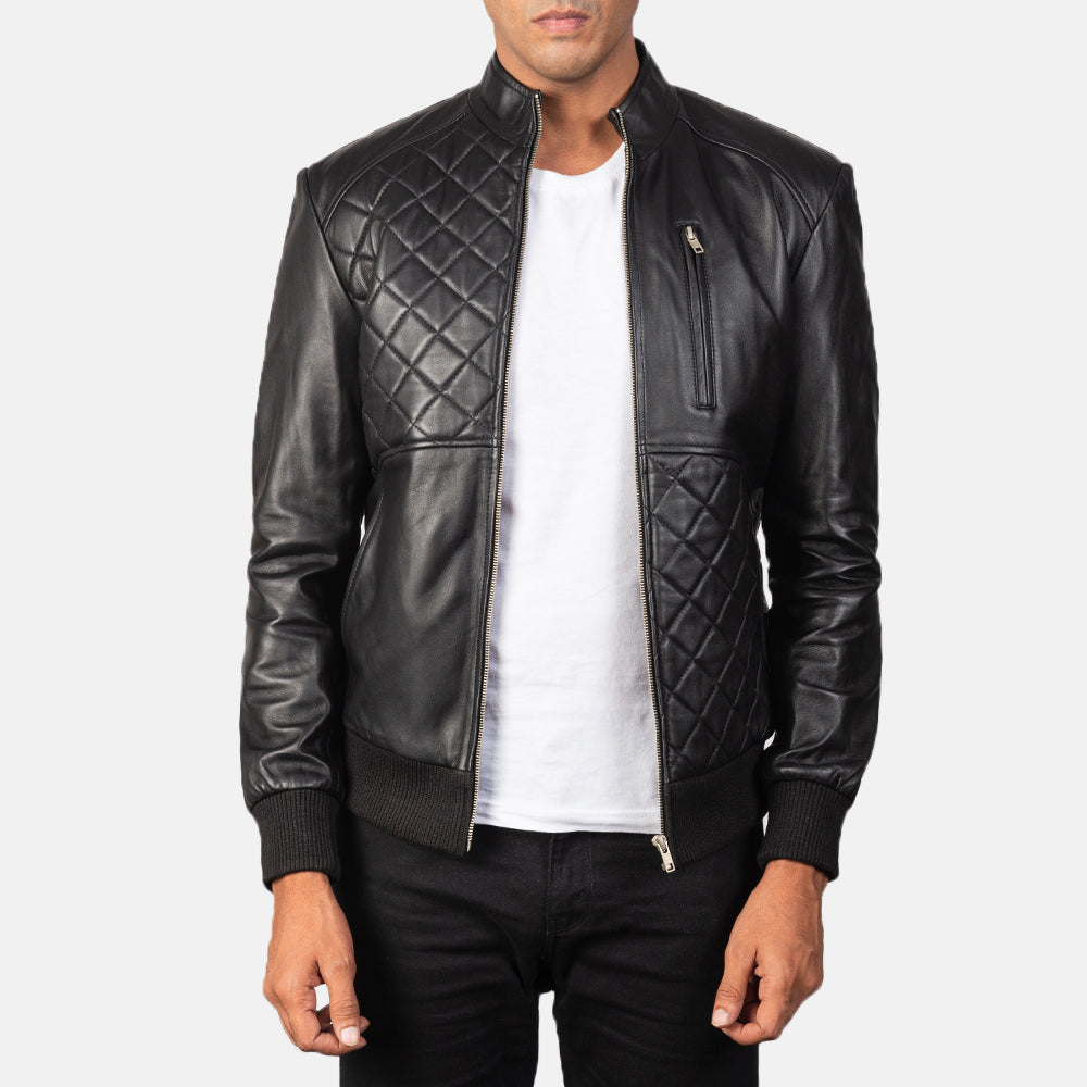 Kovean Black Leather Bomber Jacket