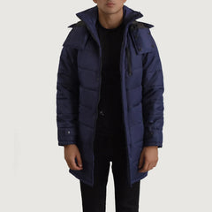 Sanen Blue Leather Hooded Parka Jacket