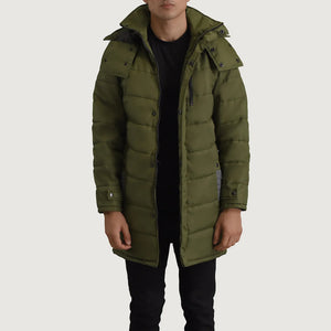 Sanen Green Leather Hooded Parka Jacket