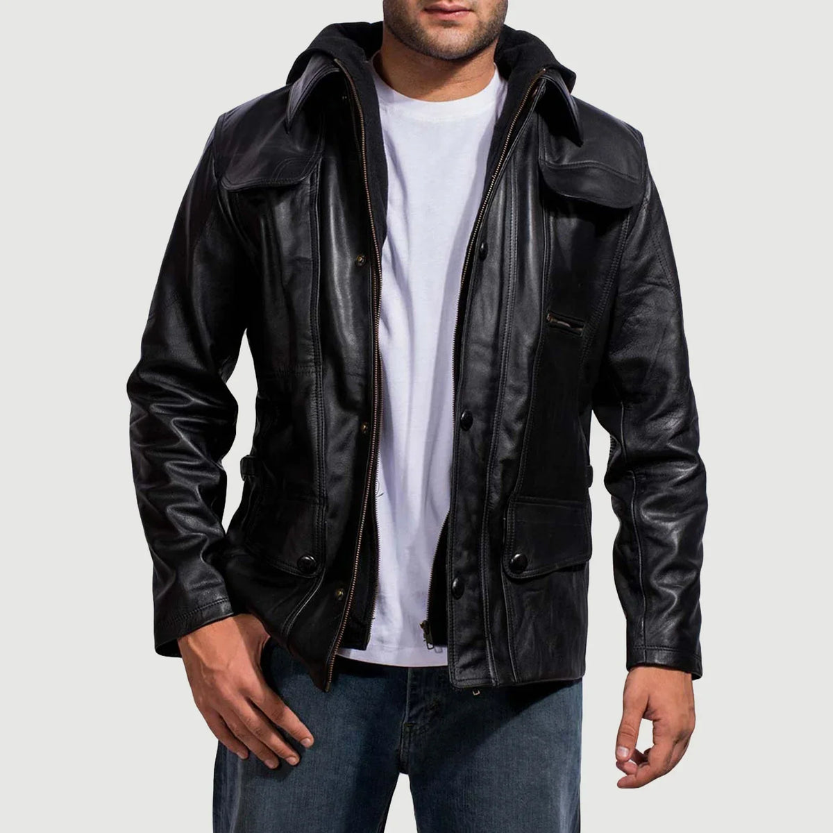 Kegan Black Leather Hooded Jacket