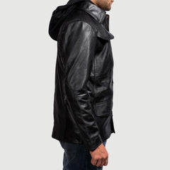 Ranix Black Leather Hooded Jacket