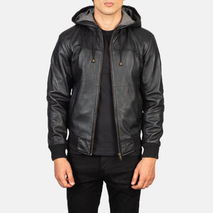 Vitor Black Leather Hooded Bomber Jacket