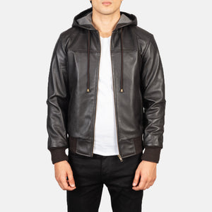 Vitor Brown Leather Hooded Bomber Jacket