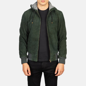 Vitor Green Suede Hooded Bomber Jacket