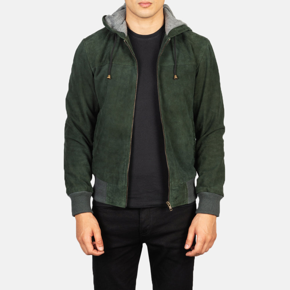 Vitor Green Suede Hooded Bomber Jacket