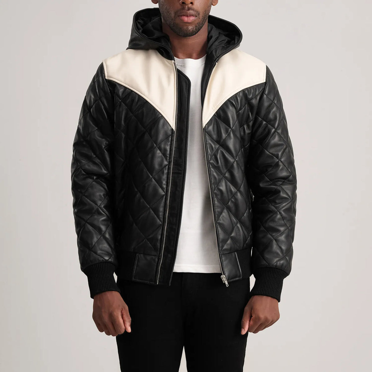 Xaven Black Leather Hooded Bomber Jacket
