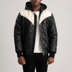 Xaven Black Leather Hooded Bomber Jacket