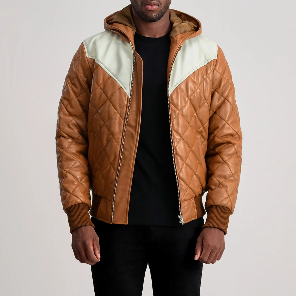 Xaven Tan Leather Hooded Bomber Jacket