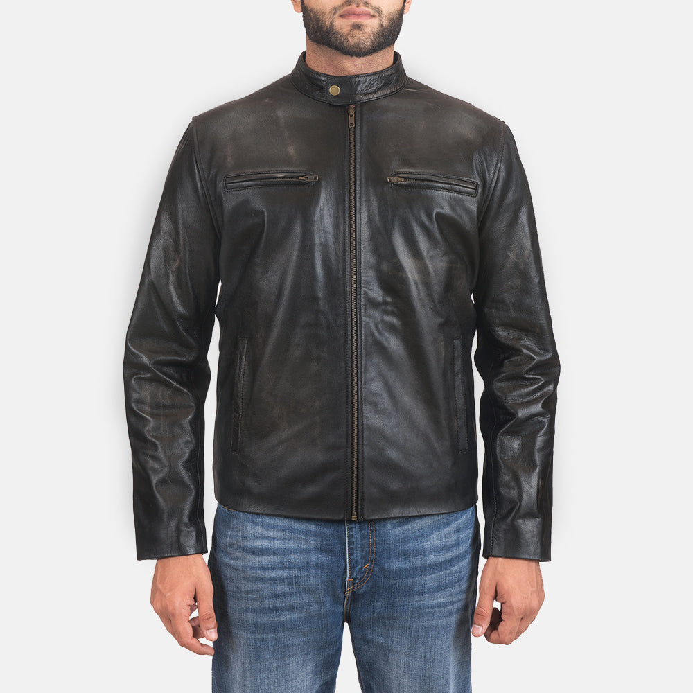 Vetin Black Leather Biker Jacket