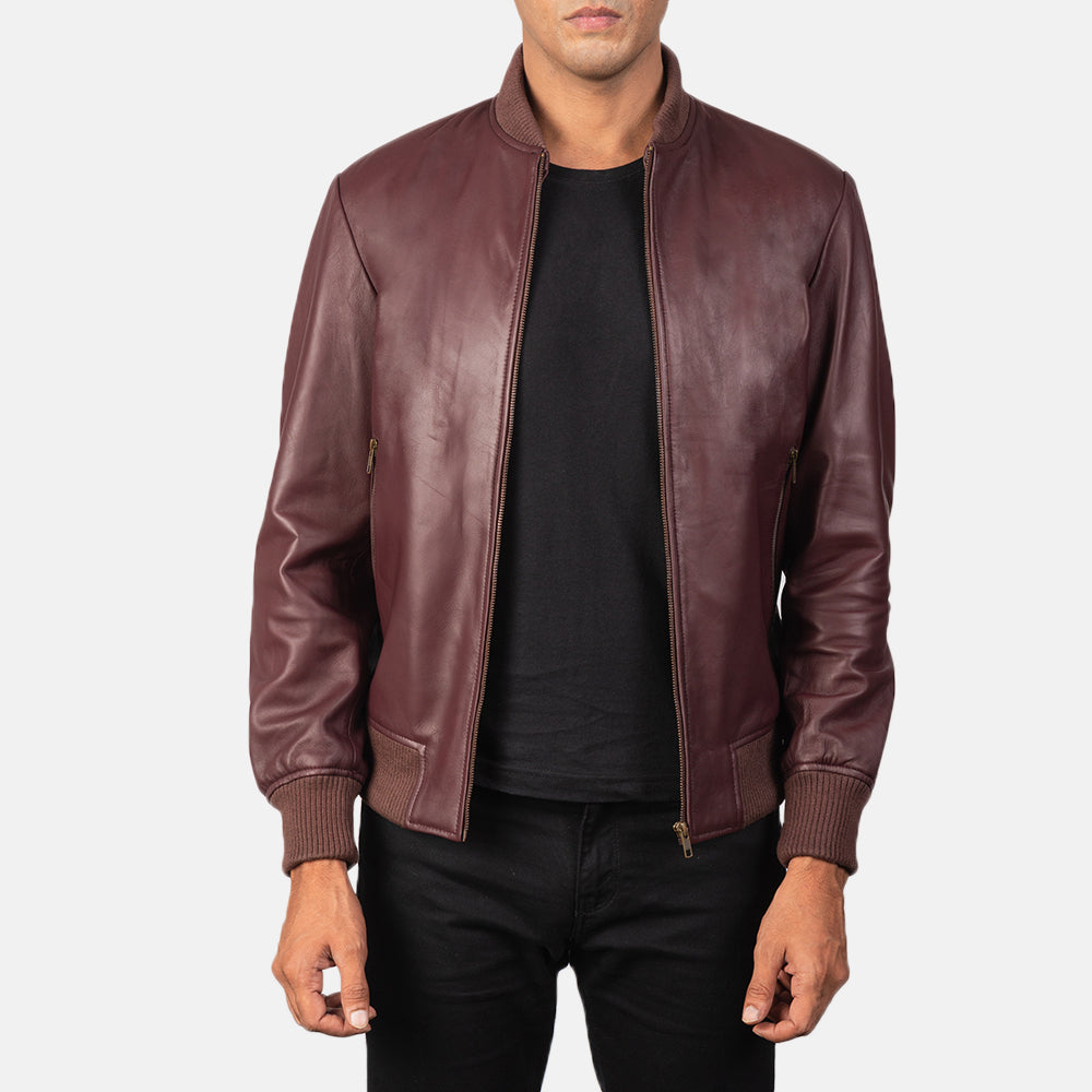 Kegan Maroon Leather Bomber Jacket