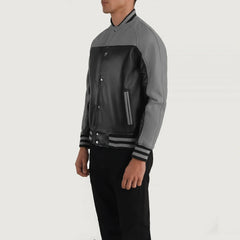 Damet Black Grey Leather Varsity Jacket