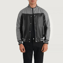 Damet Black Grey Leather Varsity Jacket