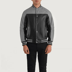 Damet Black Grey Leather Varsity Jacket