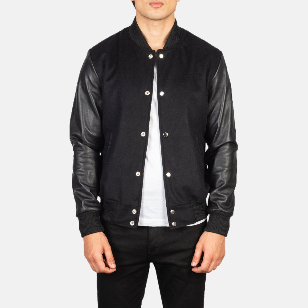 Uldon Black Leather Varsity Jacket