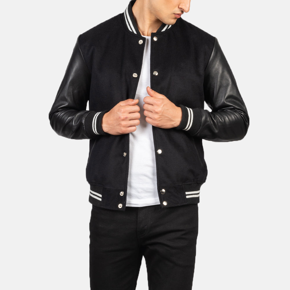 Uldon Black Stripe Leather Varsity Jacket