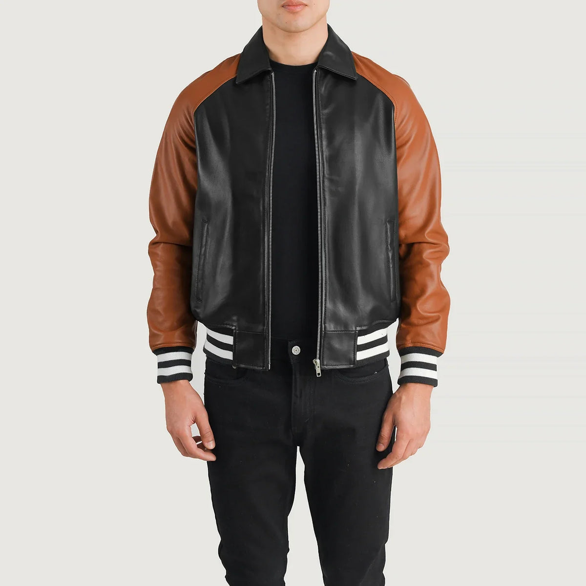 Paget Black Brown Leather Varsity Jacket
