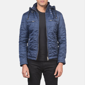 Pagion Blue Leather Quilted Hooded Jacket