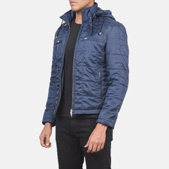 Pagion Blue Leather Quilted Hooded Jacket
