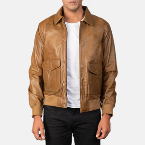 Komin Brown Leather Bomber Jacket