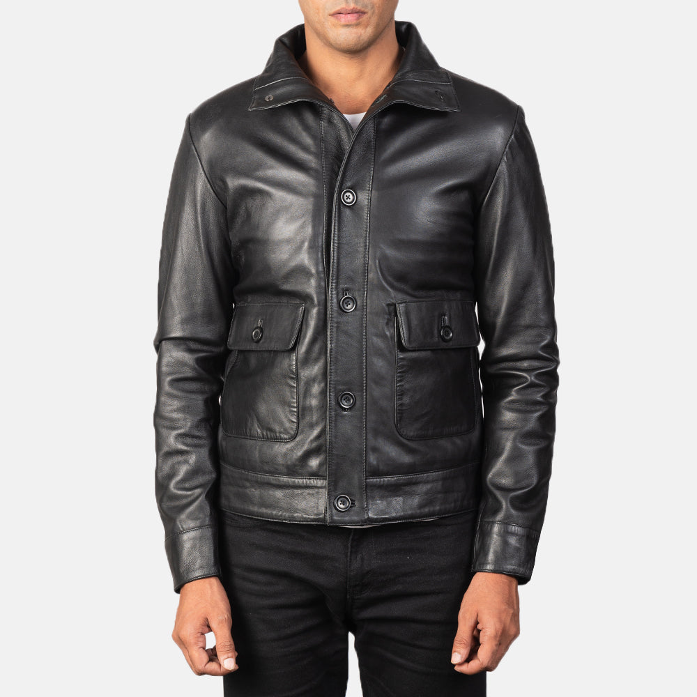 Qupor Black Leather Bomber Jacket