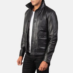 Qupor Black Leather Bomber Jacket