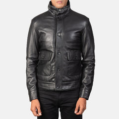 Qupor Black Leather Bomber Jacket