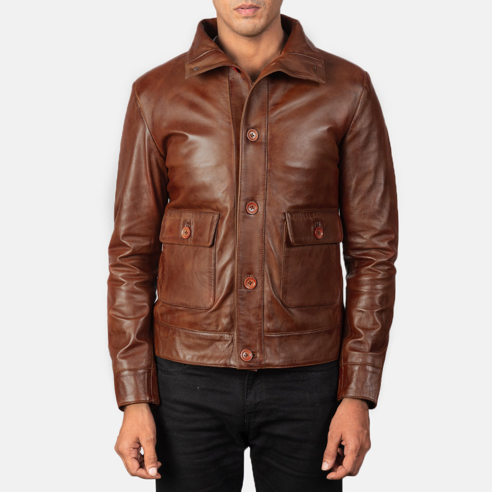 Qupor Brown Leather Bomber Jacket