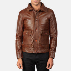 Qupor Brown Leather Bomber Jacket