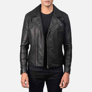 Qunet Black Leather Quilted Biker Jacket
