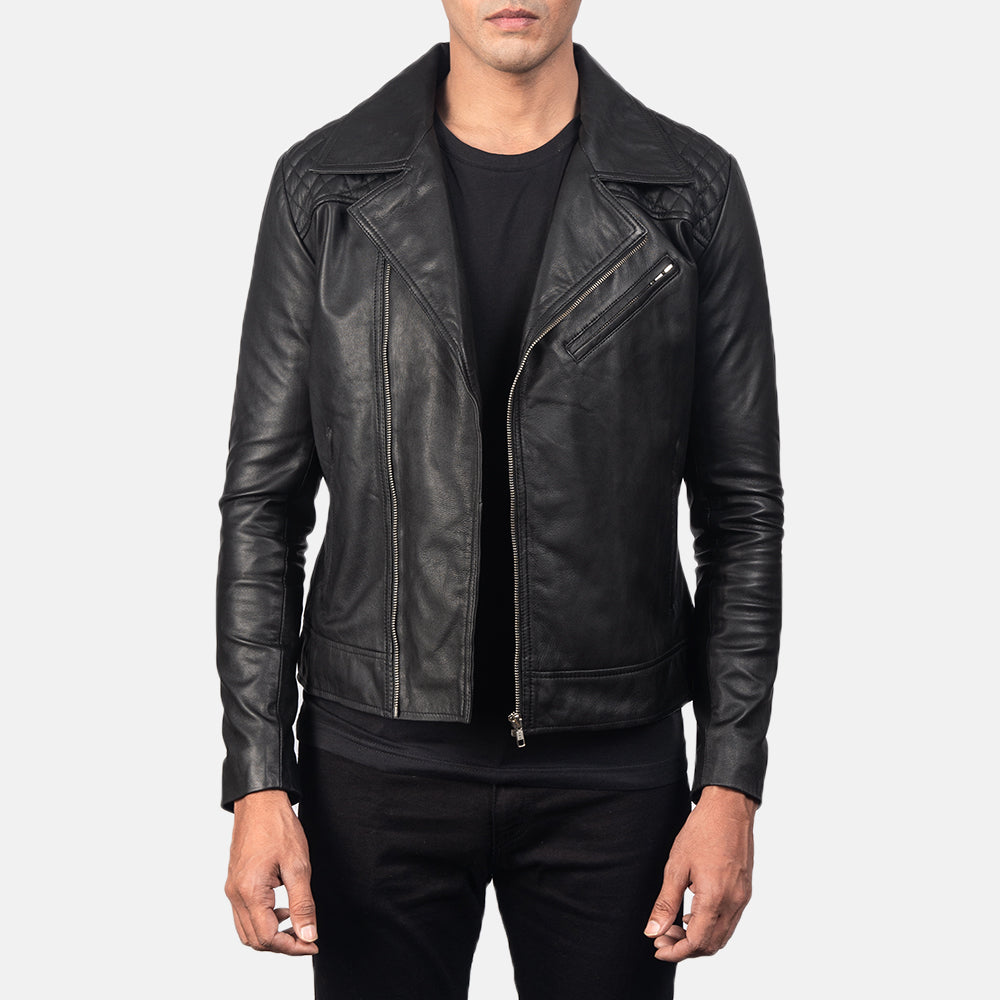 Qunet Black Leather Quilted Biker Jacket