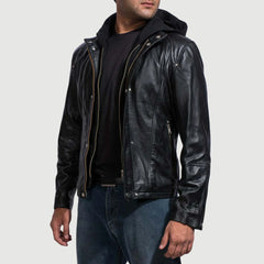 Panen Black Leather Hooded Jacket