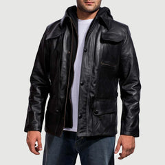 Ranix Black Leather Hooded Jacket