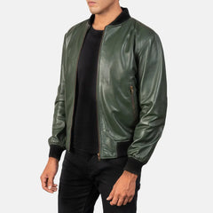 Vegel Green Leather Bomber Jacket