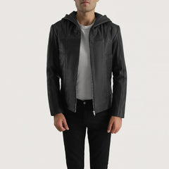 Tasas Black Leather Hooded Jacket