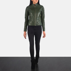 Tiris Green Leather Quilted Biker Jacket