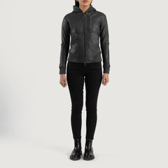 Wybion Black Leather Hooded Bomber Jacket