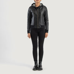 Sutix Black Leather Hooded Bomber Jacket