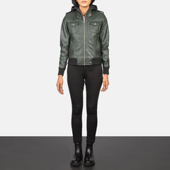 Xatus Green Leather Hooded Bomber Jacket