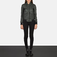 Vition Green Leather Bomber Jacket
